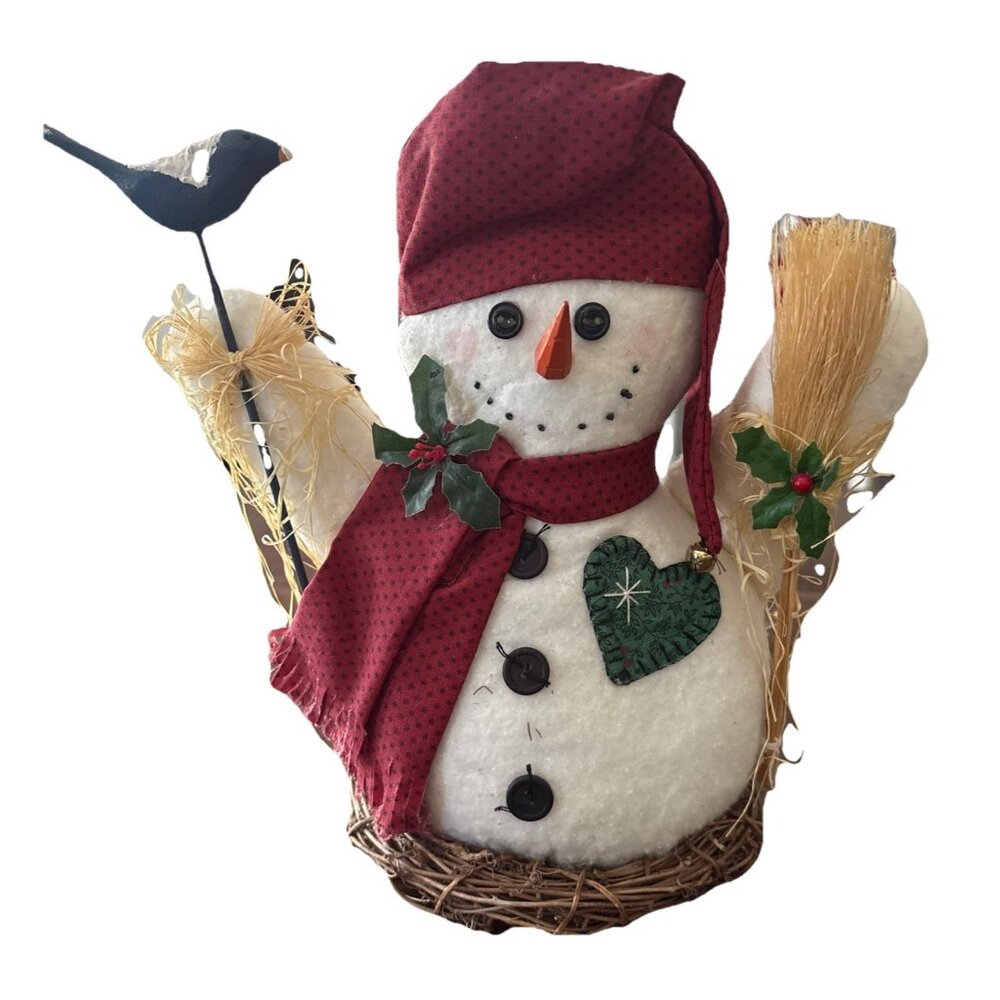 Kirklands 9” Plush Holiday Christmas Snowman Bluebird & Broom In Hands on Wreath